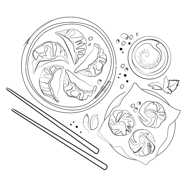 Vector asian food dim sum and gyoza in bamboo steamer with chopsticks vector sketch illustration top view