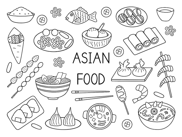 Vector asian food doodle set asian cuisine in sketch style