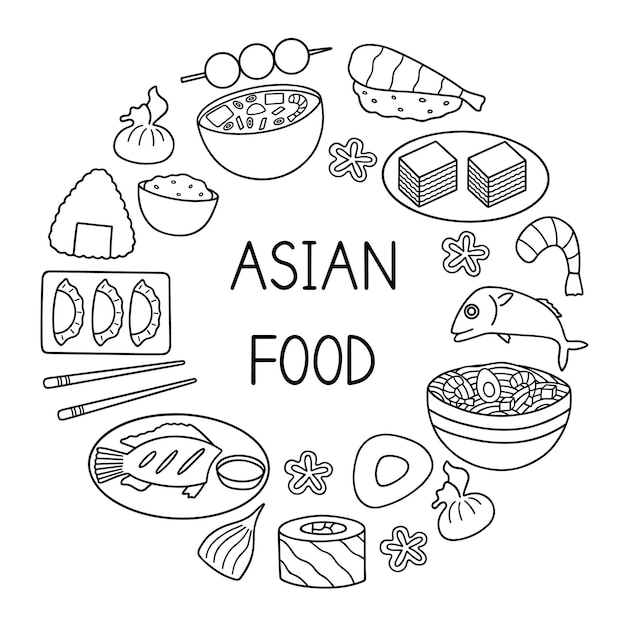 Cibo asiatico doodle set cucina asiatica in stile schizzo