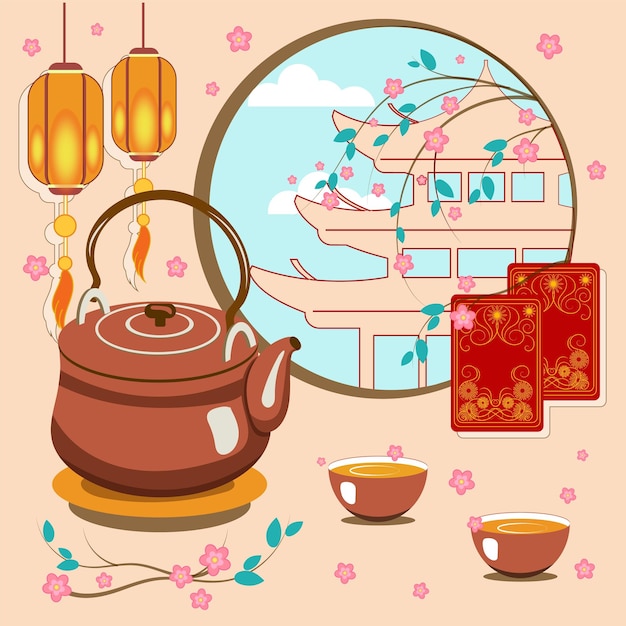 Asian food and drinks for Chinese New Year celebration concept tea ceremony