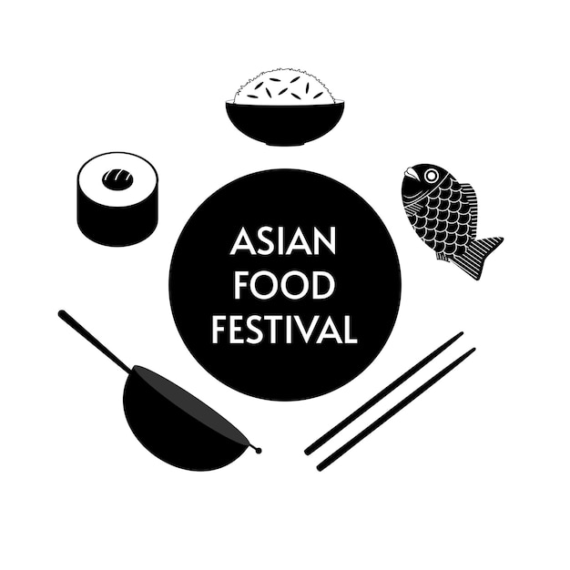Banner del festival del cibo asiatico poster in bianco e nero con riso wok in ciotola bacchette sushi taiyaki
