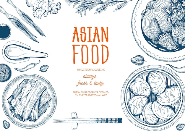 Asian food frame. Linear graphic. Vector illustration