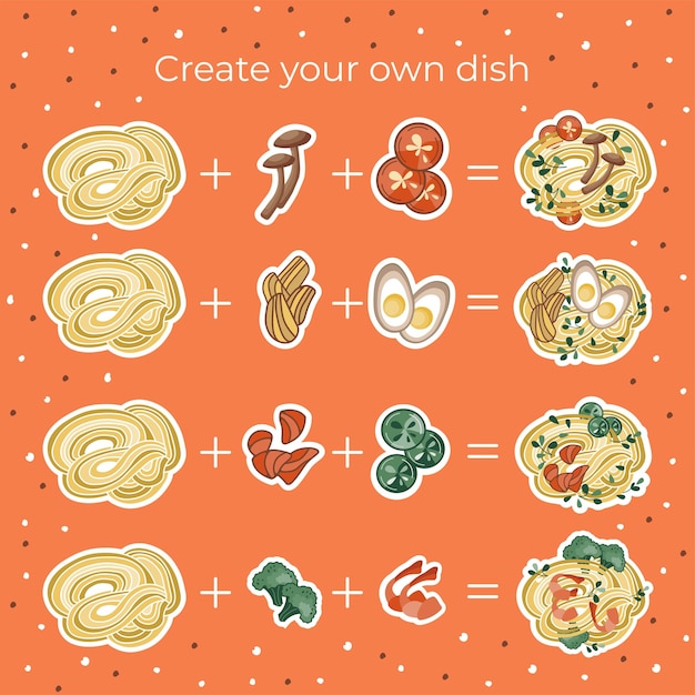 Asian food illustration. Create your own dish. Udon or ramen soup with different ingredients.