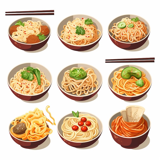 Cibo asiatico pasto ramen noodle illustrazione cinese cucina vettoriale pasta menu design resta