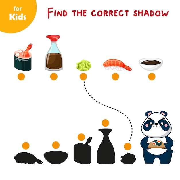 Asian food Mini game for kids find the correct shadow Cute panda cooked sushi set japanese food