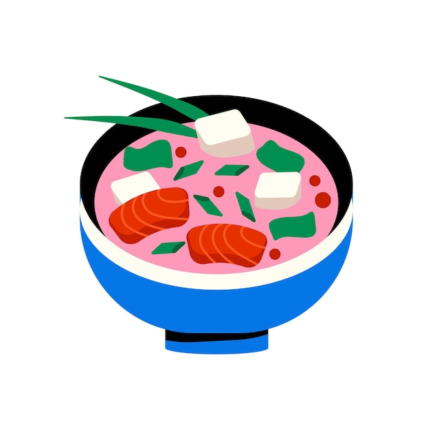 Суп мисо азиатской кухни. Японское блюдо с нори, рыбой и тофу в синей миске. Традиционная пища