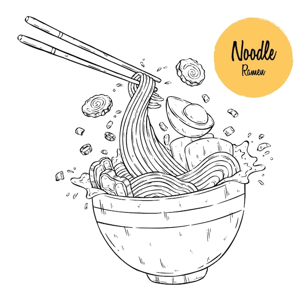 Schizzo di noodle di cibo asiatico che vola da una ciotola con le bacchette. noodle giapponese, schizzo vettoriale