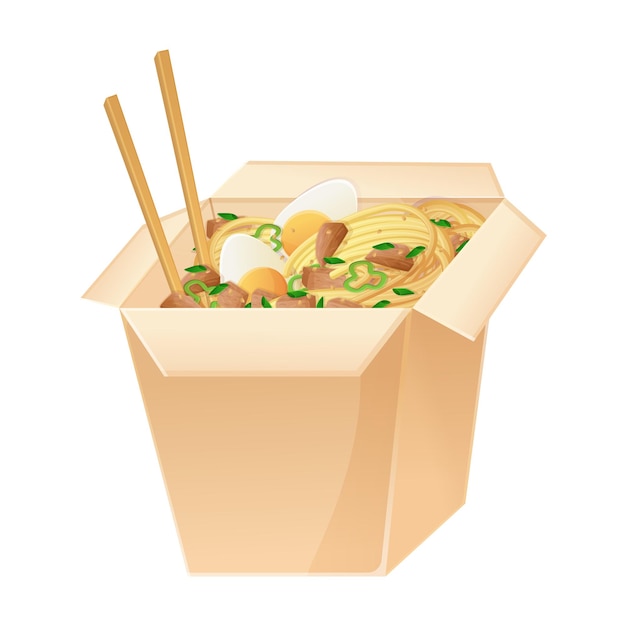 Asian food noodle wok box. China or japanese cuisine in cartoon style