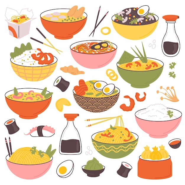 Asian food noodles flat icons set Traditional Japanese Chinese meal Ramen dim sum fried shrimps