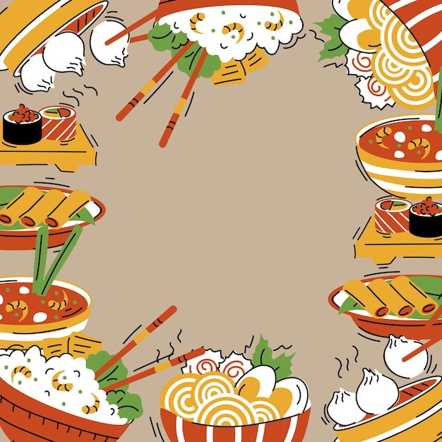 Vettore poster di cibo asiatico coperchio del menu sushi disegnato a mano vettoriale