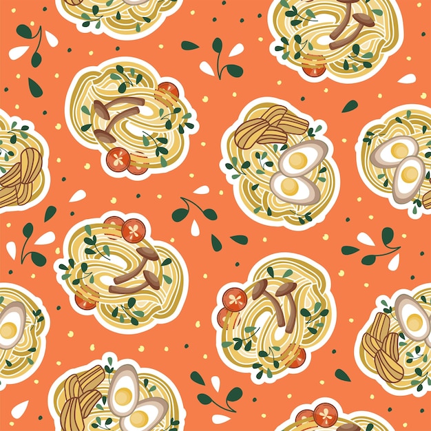 Asian food print. Pattern with udon or ramen soup. Bowl with noodles. Korean or Chinese food.