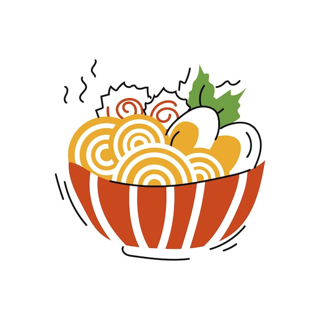 Asian food rame korean or japanese traditional cuisine hot noodle with egg and vegetables in bowl isolated vector illustration in hand drawn style