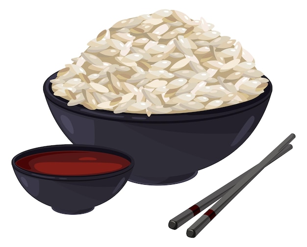 Asian food Rice bowl with soy sauce and chopsticks