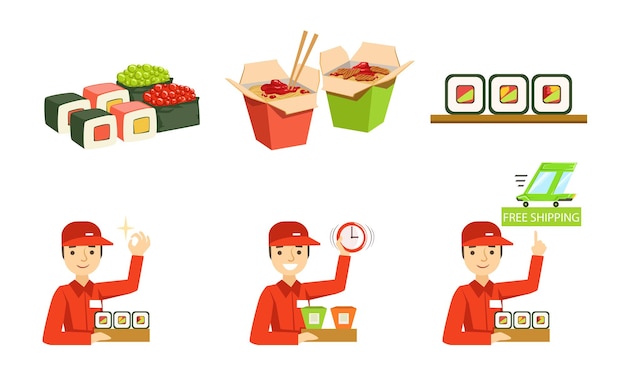 Vector asian food service fast delivery cheerful male courier delivering takeaway food vector illustration