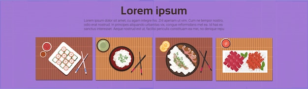 Asian food set sushi korean thai dishes top angle view template background horizontal banner