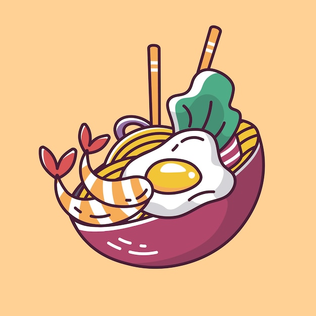 Asian food shrimp and fried egg cartoon style