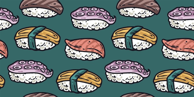 Asian food sushi seamless pattern for seafood background japanese or chinese rolls with salmon nori