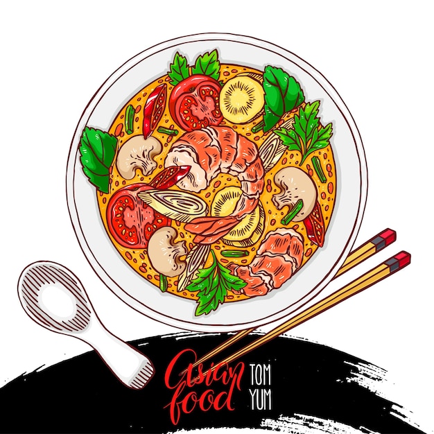 Cibo asiatico. tom yum kung. appetitosa zuppa tradizionale tailandese con gamberi. illustrazione disegnata a mano