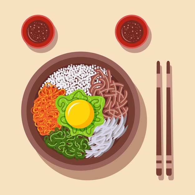 Asian food traditional Korean pibimpab drawn in flat style