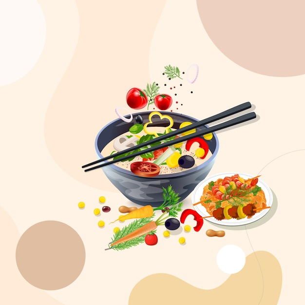 Asian food and  traditional restaurants, cooking, menu, vector illustration