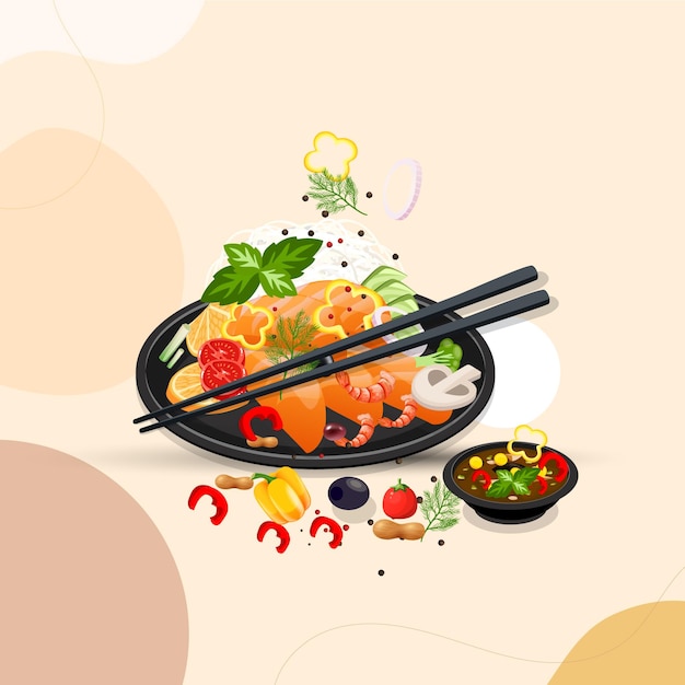 Asian food and  traditional restaurants, cooking, menu, vector illustration