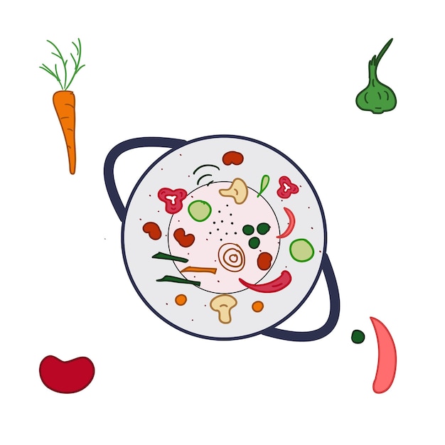 Asian food Vector illustration Wok on hot frying pan with peppers herbs mushrooms and vegetables