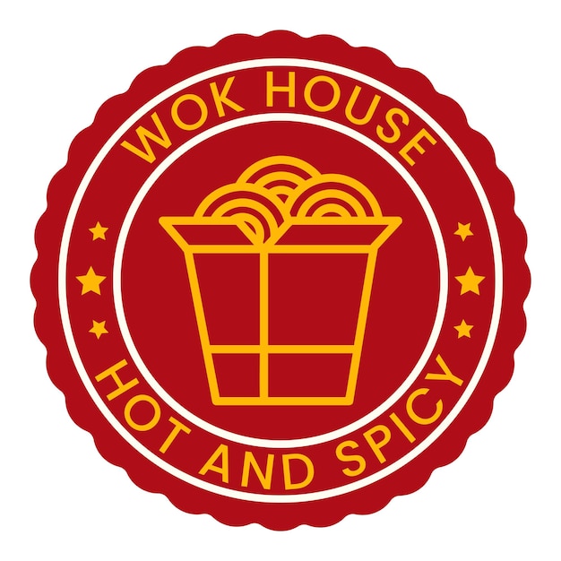 アジア料理。中華なべの家、星のベクトル図とホットでスパイシーなスタンプ ロゴ