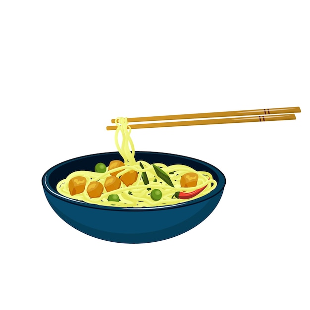 asian food wok noodles with chicken in a bowl front view