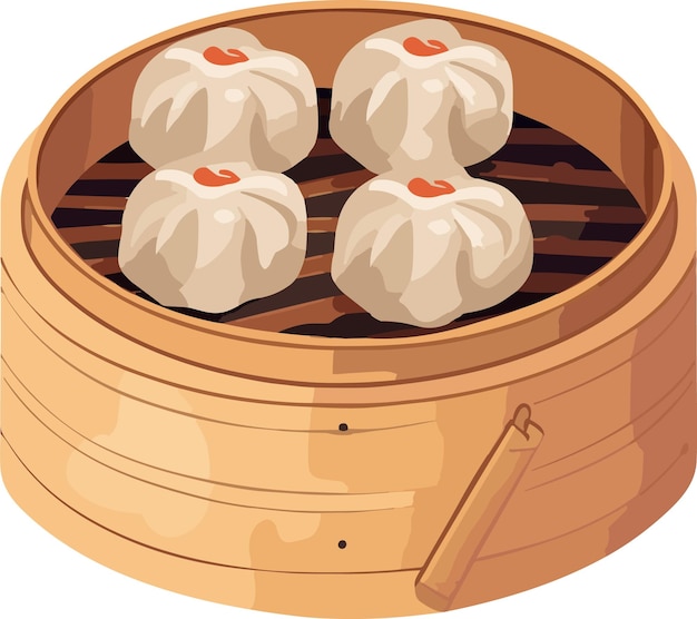 Vettore cibo asiatico xiao long bao con panini caldi al vapore disposti in un piroscafo di bambù