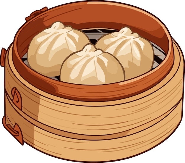 Вектор Азиатская еда xiao long bao с горячими булочками на пару в бамбуковой пароварке