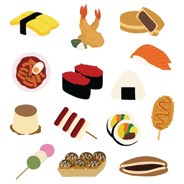 Vector asian foods and snacks for menu or recipe decoration korean or japanese restaurant logo icon ads