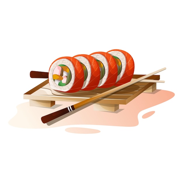 木製の台にサーモンを添えたアジアの香りのよい巻き寿司