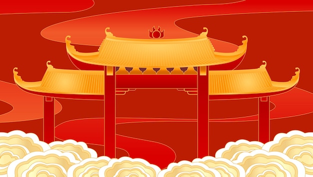 Азиатские ворота и облака иллюстрации фона