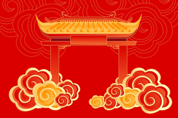 Asian gate and clouds illustration background