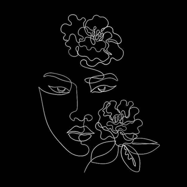 Premium Vector | Asian girl line art drawn with one line on a black  background a sketch liner a girl chrysanthemum