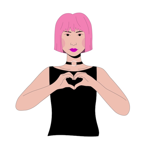 Vector asian girl show love hand gesture female character with womens day supportive sign pink hair woman