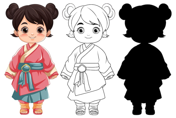 Vector asian girl in traditional dress vector cartoon illustration