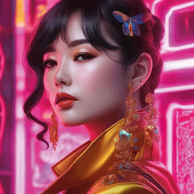 Vector asian girl wearing chinese dress and golden jewelrybeautiful girl with a golden hair and a red lipst