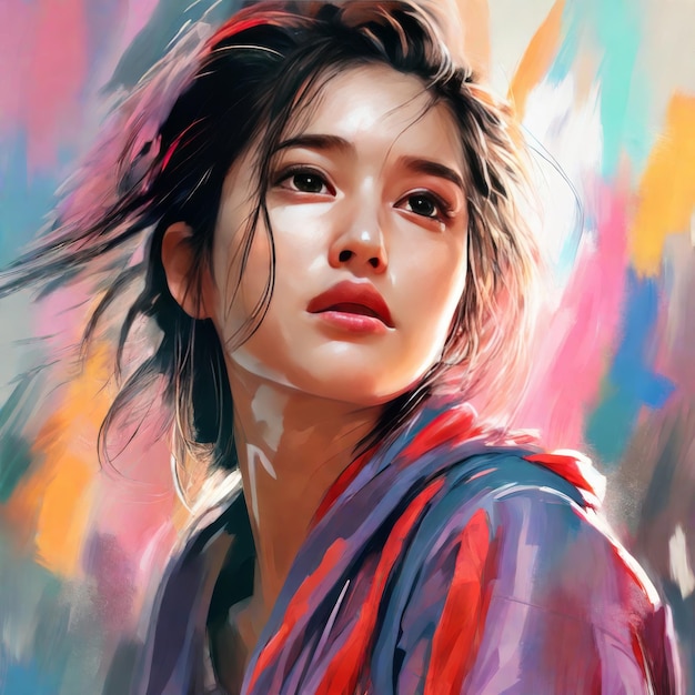 Vector asian girl with a brush in hand asian girl with a brush in hand