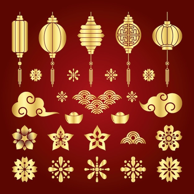 Vector asian golden traditional elements set