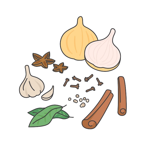 Asian herb spices for making stew kawaii doodle flat cartoon vector illustration