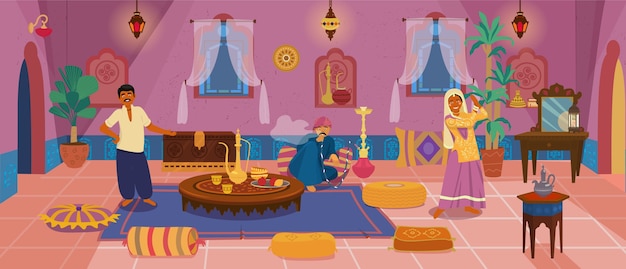 Vector asian indian characters in authentic traditional middle eastern living room interior with wooden furniture and decoration elements.