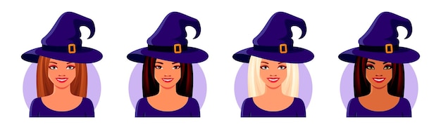 Ragazze asiatiche indiane ed europee che indossano costumi da strega per halloween set di volti sorridenti di avatar