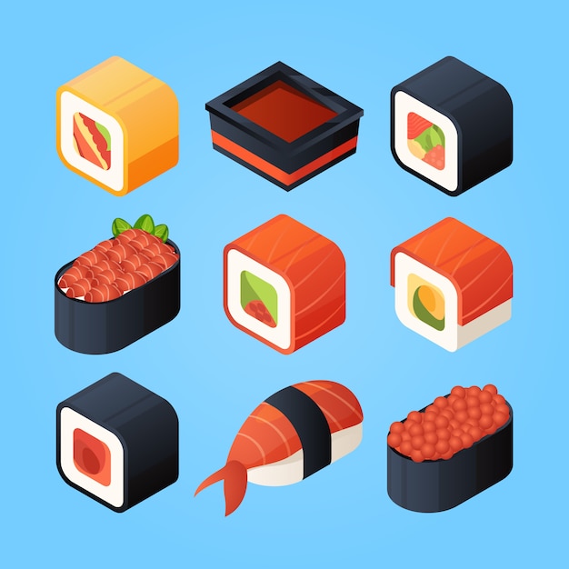 Asian isometric food. sushi, rolls and other japan food