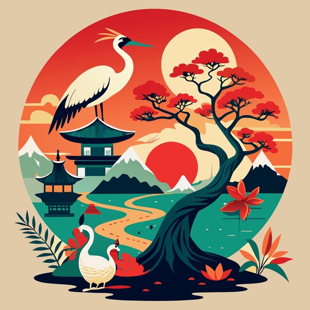 Vector asian japanese illustration with storks bonsai and red sun