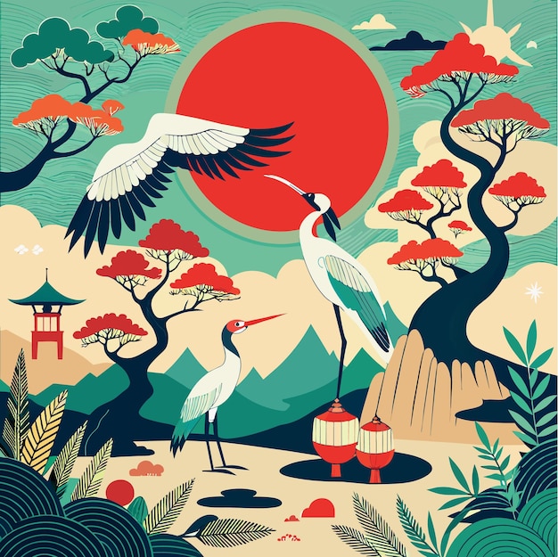 Vector asian japanese pattern with storks bonsai and red sun
