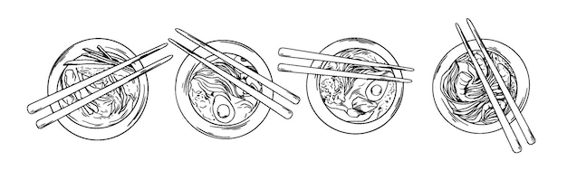 Asian korean food soeup ceramic bowl hot dishes doodle illustration