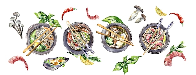 Cibo coreano asiatico minestra ciotola di ceramica piatti caldi illustrazione dell'acquerello