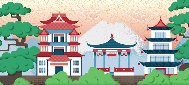 アジアの風景中国のパゴダ日本のシーンの寺院とアジアの山織り目加工の芸術中国の町の竹の木と伝統的な建物おしゃれな旅行のベクトルの背景
