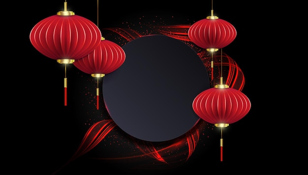 Asian lanterns on pendants in paper art style round frame on a black background